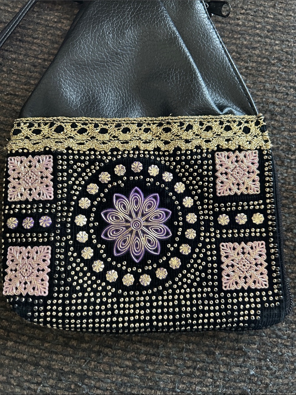 Black Vintage faux leather Embellished Pouch bag with Purple Floral accents. - Picture 7 of 11